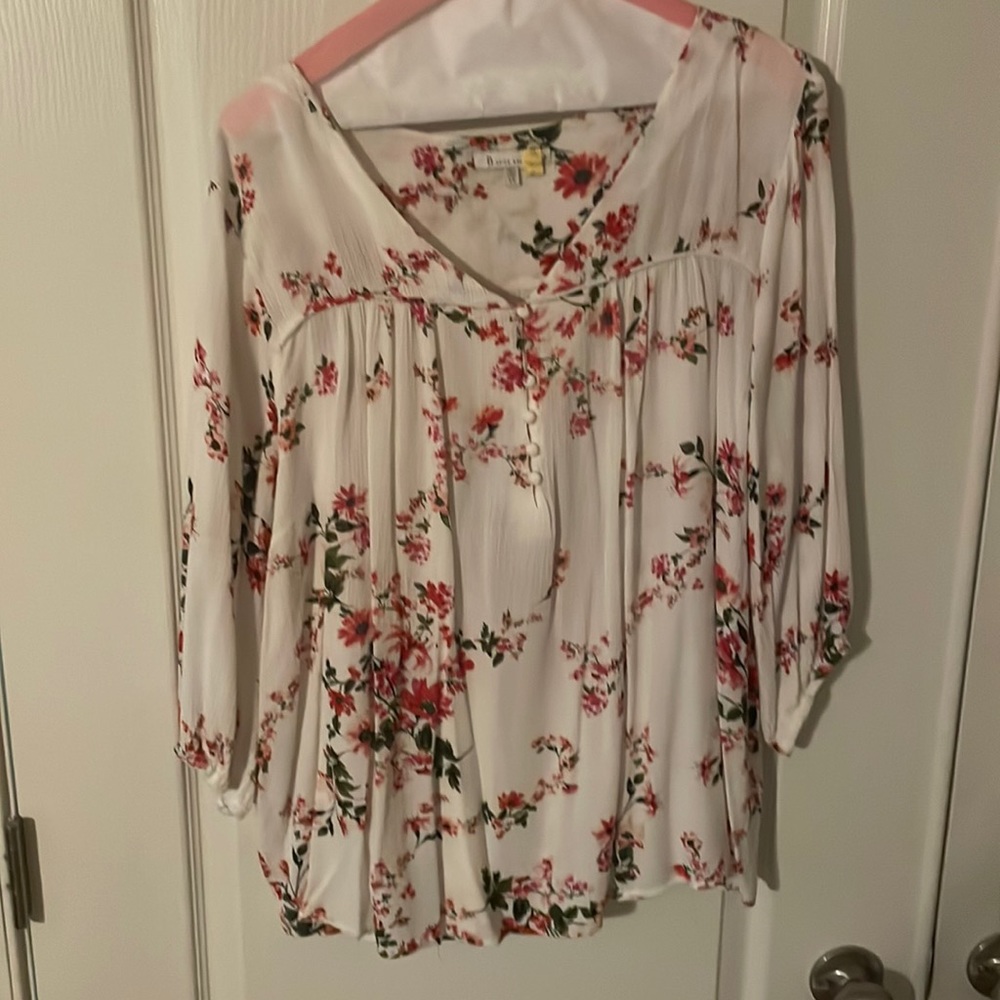 Floral 1X Skies are Blue blouse with short length balloon like elastic sleeves.